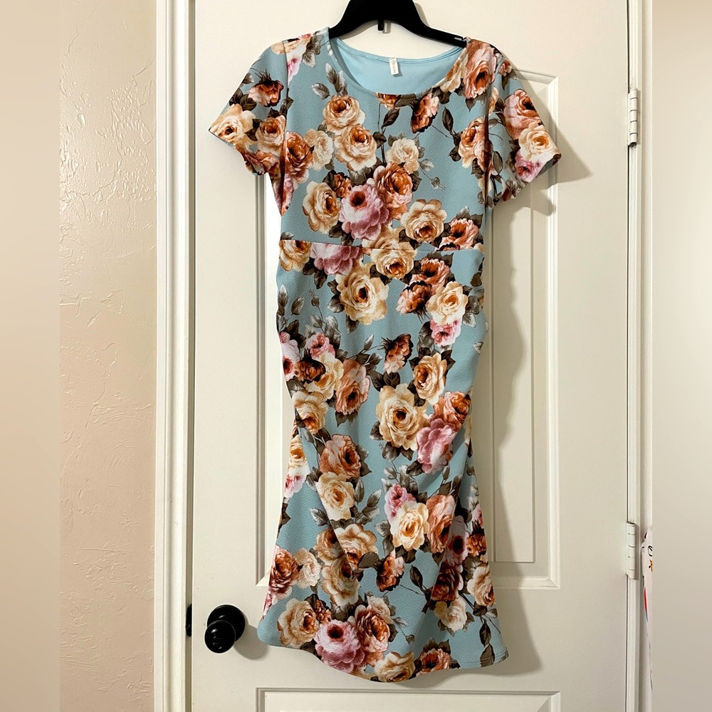 Pinkblush Blue Floral Midi Dress with Pink and Tan Roses